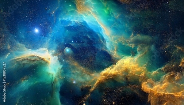 Fototapeta blue green and gold outer space nebula background