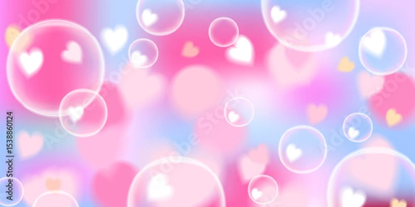 Fototapeta A soft cornflower blue and pastel pink gradient background with floating heart bubbles in a dreamy bokeh effect. This elegant and whimsical digital artwork is great for romantic themes, fantasy
