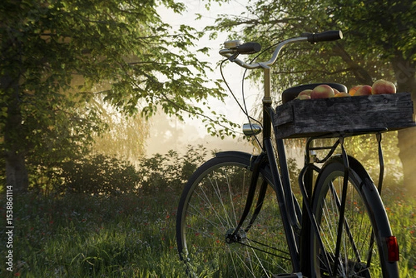Fototapeta Standing bicycle in front of forest clearing. *D Rendering