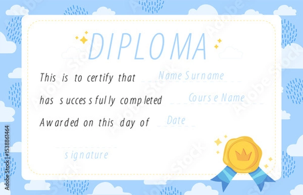Fototapeta A blue diploma certificate featuring a soft sky theme with clouds. Ideal for children s educational achievements. Stock vector illustration in cartoon style.