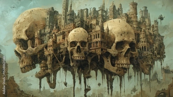 Fototapeta Floating city built from skulls, a surreal scene.