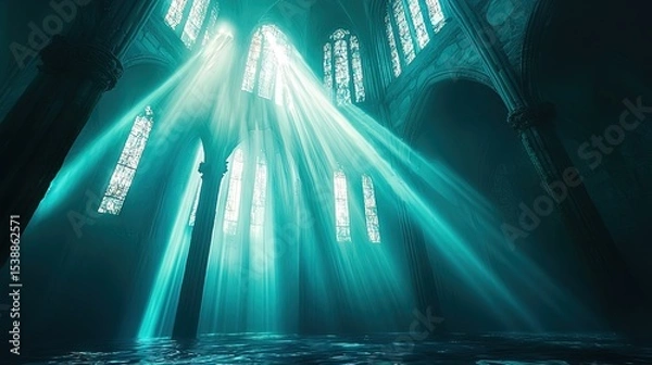 Fototapeta Intense light beams illuminating a gothic interior space.