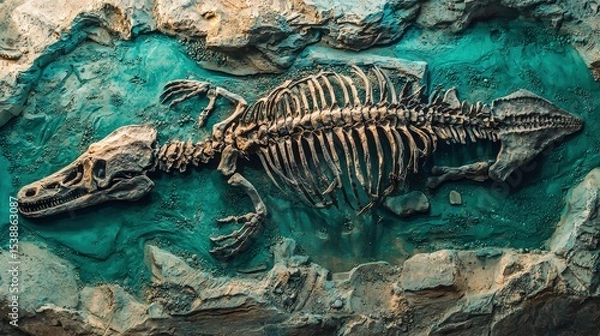 Fototapeta Fossil skeleton of a prehistoric aquatic reptile.