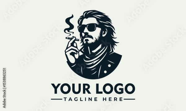 Fototapeta Illustration of a man with long hair and sunglasses smoking a cigarette, set against a circular background.