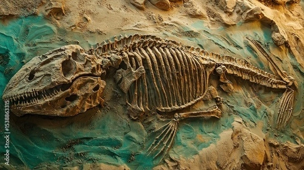 Fototapeta Fossil of an extinct marine reptile in rock.