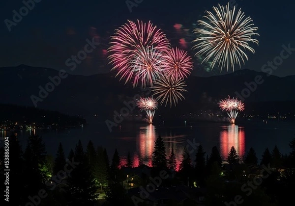 Fototapeta Fireworks display at night over water landscape