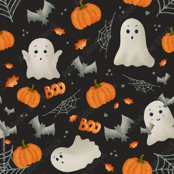 Fototapeta Cute ghosts and pumpkins on a dark background. pattern, seamless, spider web, bat. Halloween