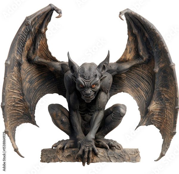 Obraz a detailed statue of a gargoyle, a mythical creature often associated with Gothic architecture. The gargoyle has bat-like wings spread wide, sharp claws gripping the base it stands on