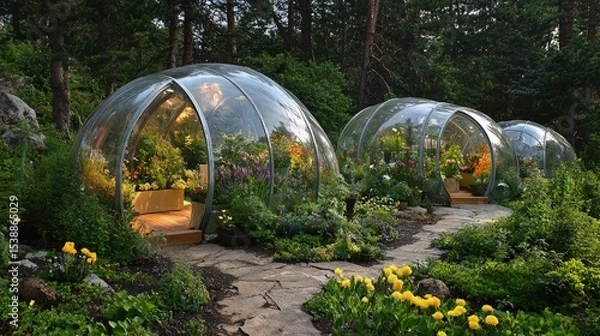 Fototapeta Glass-domed structures nestled within a lush garden setting.