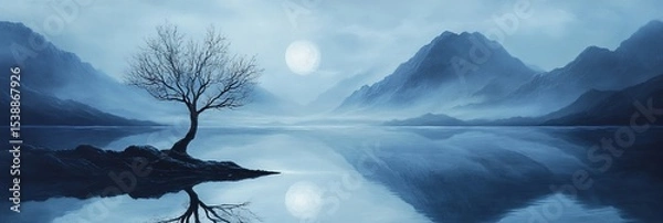 Obraz A lone tree stands by still water with mountains and a moon in background.