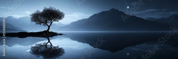 Obraz Tree on a small island reflected in calm water with mountains in background.