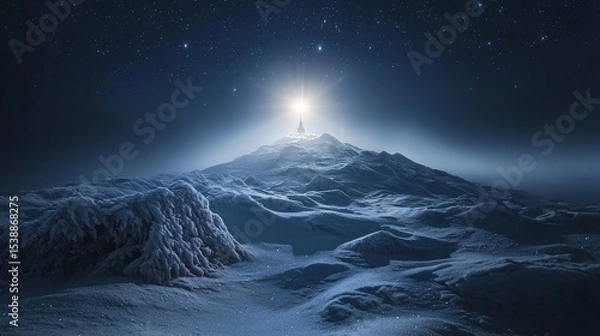Fototapeta A luminous peak atop a snowy, starlit mountain range.