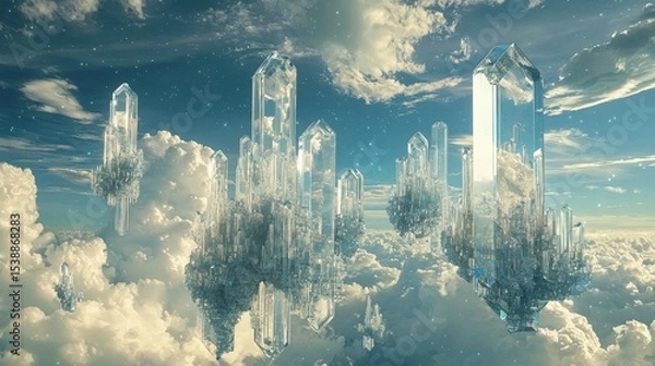 Fototapeta Floating crystal structures amidst celestial clouds.