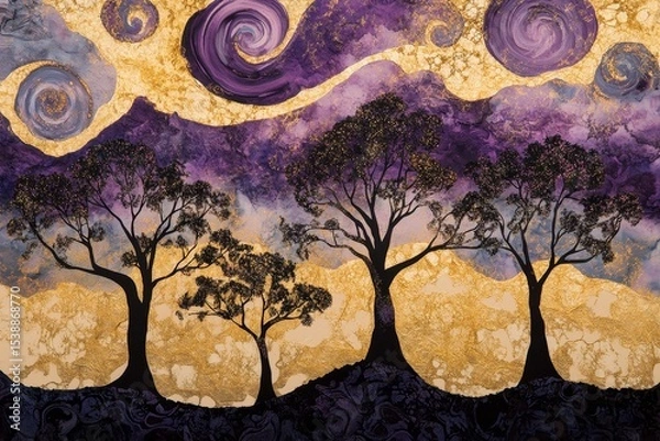 Obraz Stylized landscape with trees against a swirling purple and gold sky.