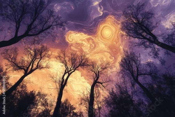 Obraz Trees reach towards a swirling colorful sky with a bright light source.