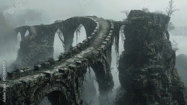 Fototapeta Misty, ancient, stone bridge spanning a chasm.