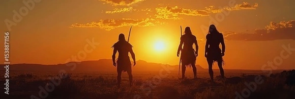 Obraz Three figures stand silhouetted against a bright orange sunset in a desert landscape.