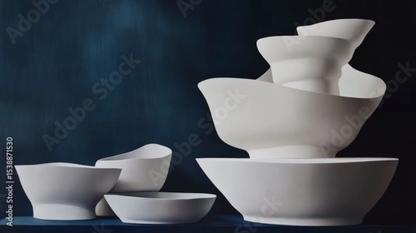 Obraz Stacked white ceramic bowls and small pitchers against a dark blue background.