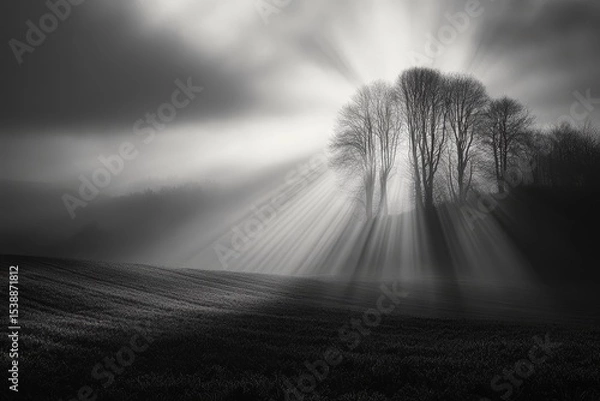 Obraz Tree silhouette with sun rays shining through clouds in a monochrome landscape.