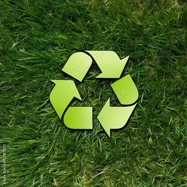Fototapeta Sustainable visual of recycle sign laying in green grass.
