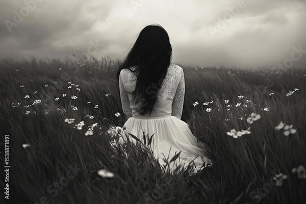 Obraz Woman sits in a flower field with her back to the viewer under a cloudy