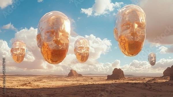 Fototapeta Floating golden heads in a desert landscape under a vibrant sky.
