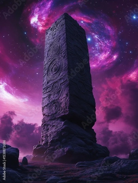 Obraz Stone monolith stands against a vibrant purple and pink nebula sky.