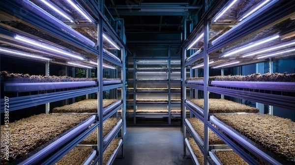 Fototapeta Indoor farm showcasing advanced hydroponic systems in a controlled environment with LED lighting
