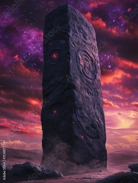 Obraz Tall dark monolith stands against a colorful purple and pink sky.
