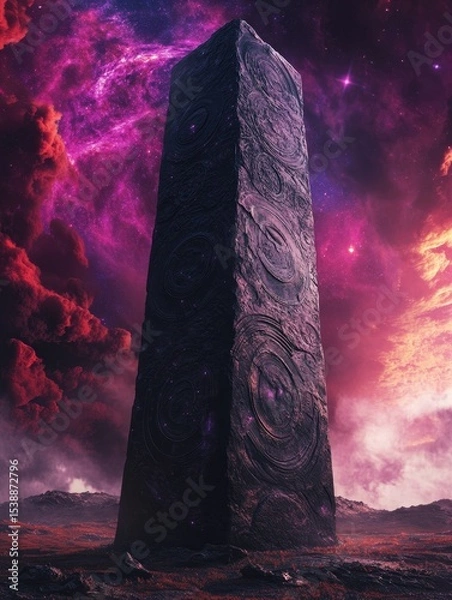 Obraz Tall dark monolith stands in a barren landscape under a colorful sky.