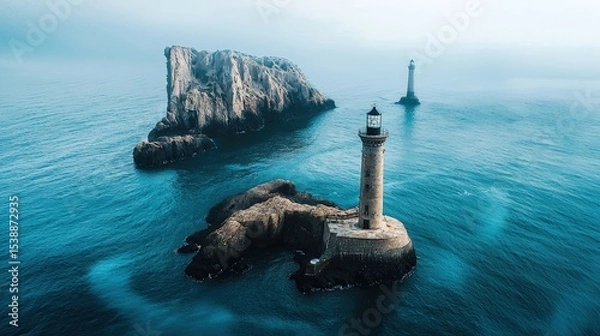 Fototapeta Coastal view showcasing a lighthouse on an island.