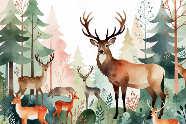 Obraz Watercolor Deer in Forest Art- Whimsical Woodland Animals Painting- Deer Family Artwork- Nature Inspired Illustration- Peaceful Deer Scene
