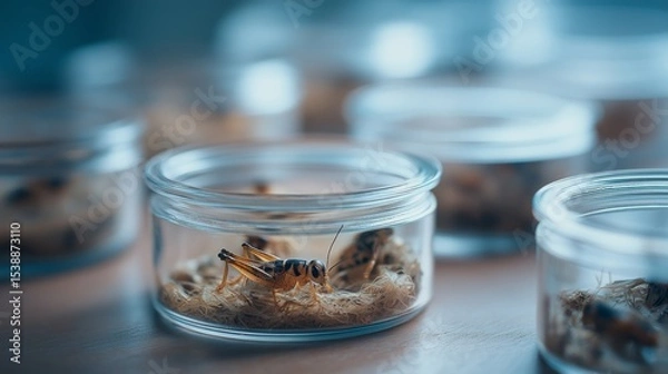 Fototapeta Insect specimens housed in glass containers at a research facility for entomology studies