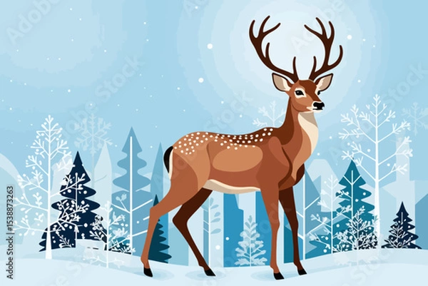 Obraz Winter Deer in Snowy Forest Illustration - Festive Holiday Graphic - Christmas Card Design - Reindeer Art for Seasonal Projects - Wildlife Scene Depiction