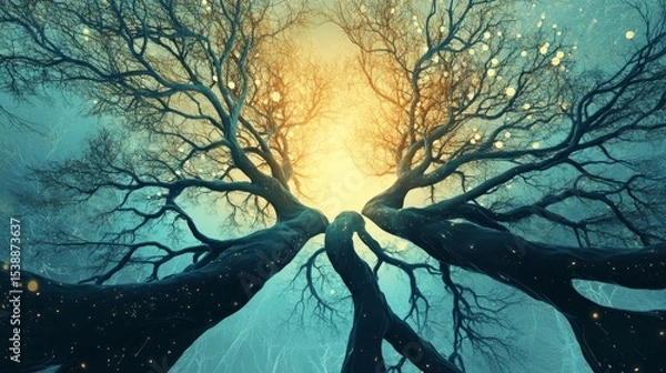 Obraz Illustration of tree branches reaching towards a bright light source in the sky.