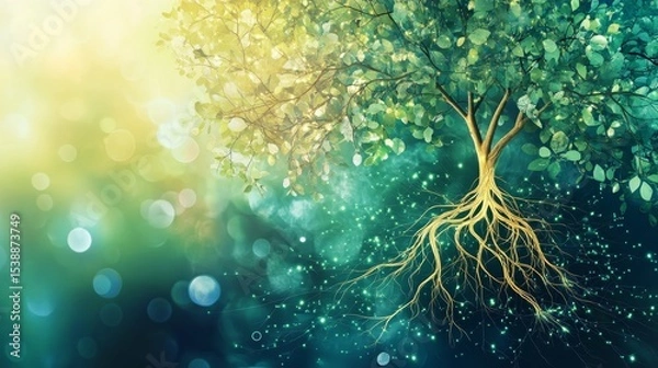 Obraz Tree with roots and leaves against a blurred green and yellow background.