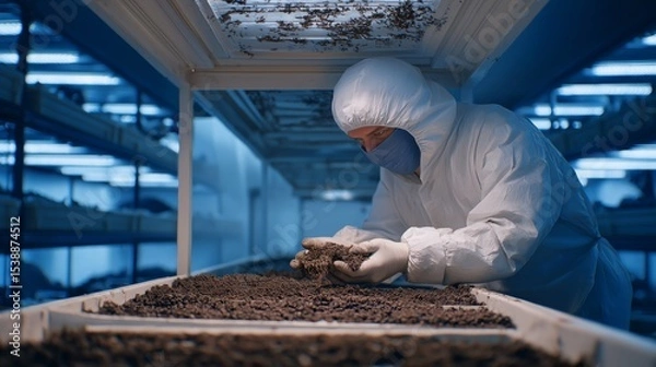 Fototapeta Worker investigates soil sample in laboratory setting focused on research and analysis