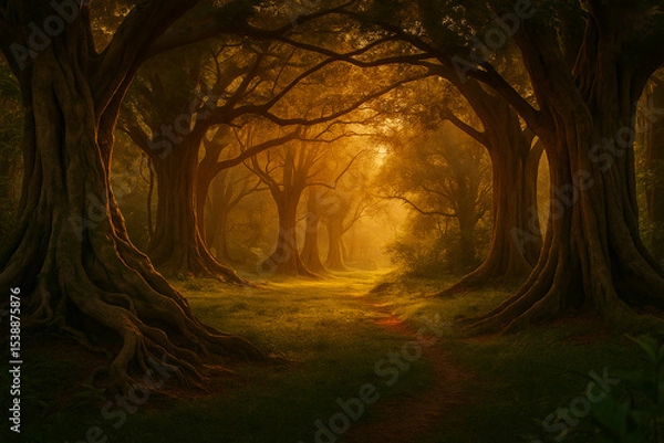 Fototapeta A magical forest scene with glowing sunlight filtering through tall, ancient trees creating a mystical and serene atmosphere. 