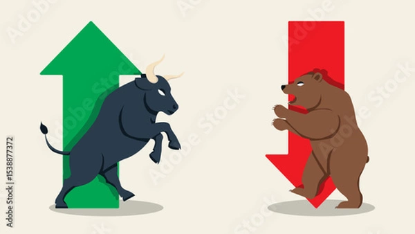 Fototapeta abstract background of flat vector stock market arrow red and green with bull and bear character