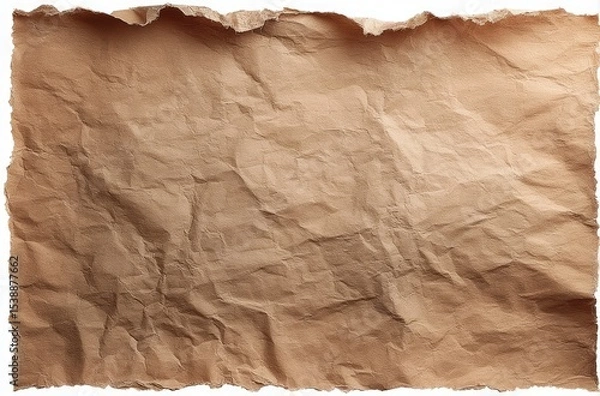 Fototapeta A crumpled, light brown sheet of paper with irregular, torn edges.  The texture is heavily creased and uneven