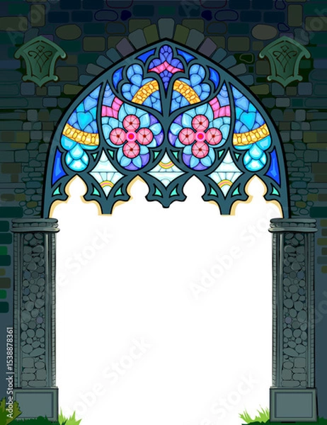 Fototapeta Background with magic gothic gate and stained glass window. Drawing of fantasy fairy tale environment. Hand drawn vector Illustration for computer game, children's book cover, wallpaper, decoration.