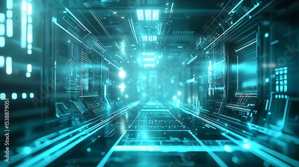 Fototapeta A futuristic space with a blue light and a lot of lights