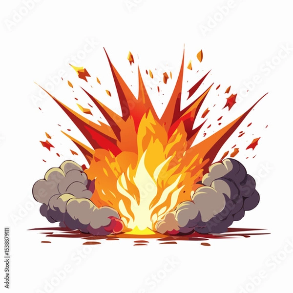Fototapeta Bold vector illustration of a fiery explosion with smoke and sharp orange flames.