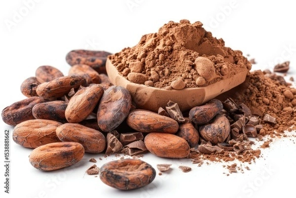 Fototapeta Cacao powder and cocoa beans isolated on white. Macro with full dept of field