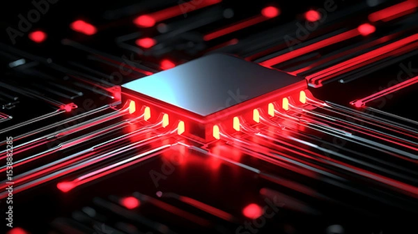 Fototapeta A computer chip with red lights on it