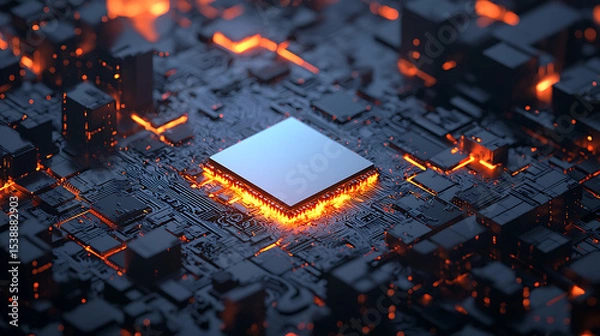 Fototapeta A computer chip is lit up with orange lights