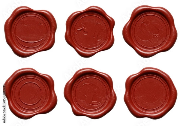 Obraz Collection of six red wax seals on a black background for design elements, wax seal, seal, red, stamp, wax, vintage, retro, texture, isolated, black background, sealing wax, invitation, antique, lette