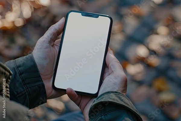Fototapeta Clear Pixel Image of Close Up of a Phone in a Mans Hand with a Blank Screen