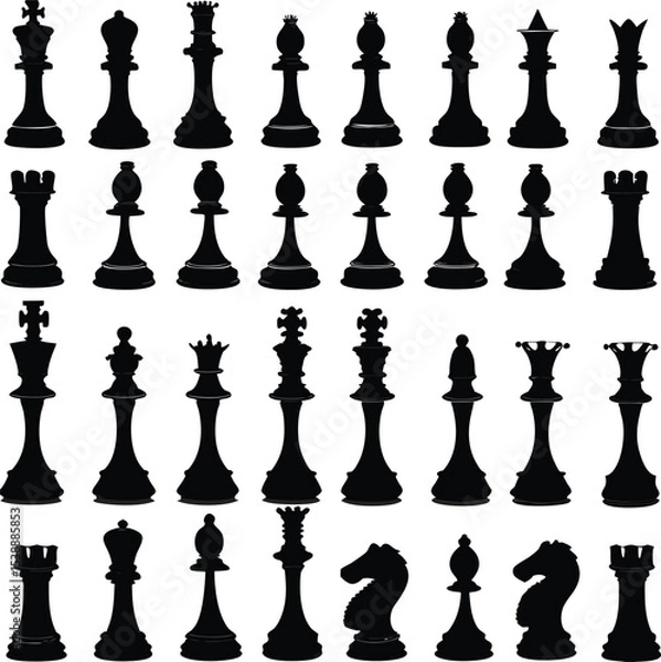 Fototapeta Chess pieces silhouettes a complete collection of chess figures depicted in a bold black and white illustration suitable for strategic board game designs