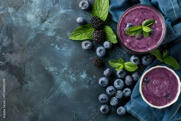 Fototapeta High Definition Image of Flat Lay Blueberry Smoothie on Cloth